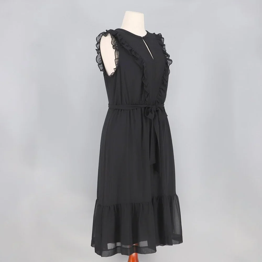 BODEN Elise Midi Dress in Black Draped Georgette Ruffle Notch Neck Size 12 - Picture 5 of 9